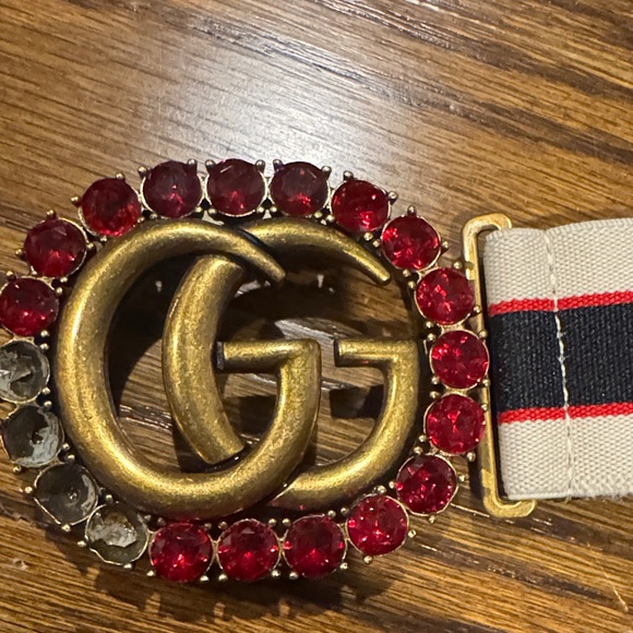 Gucci Beige Elastic Belt with Red & Black Web and Crystal GG Buckle - Picture 3 of 4